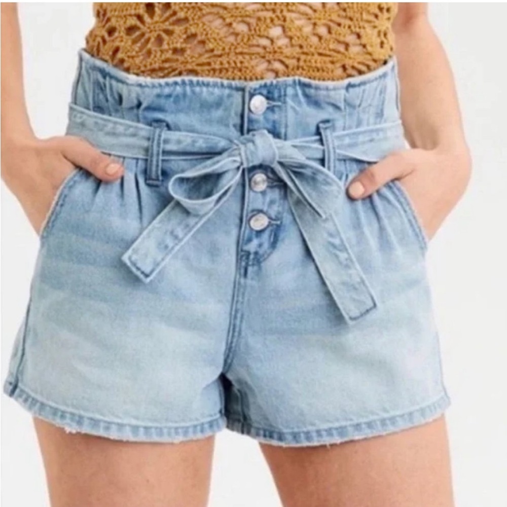 American Eagle High Rise Paper Bag Waist Button Fly Cotton Denim Shorts … - Picture 4 of 12